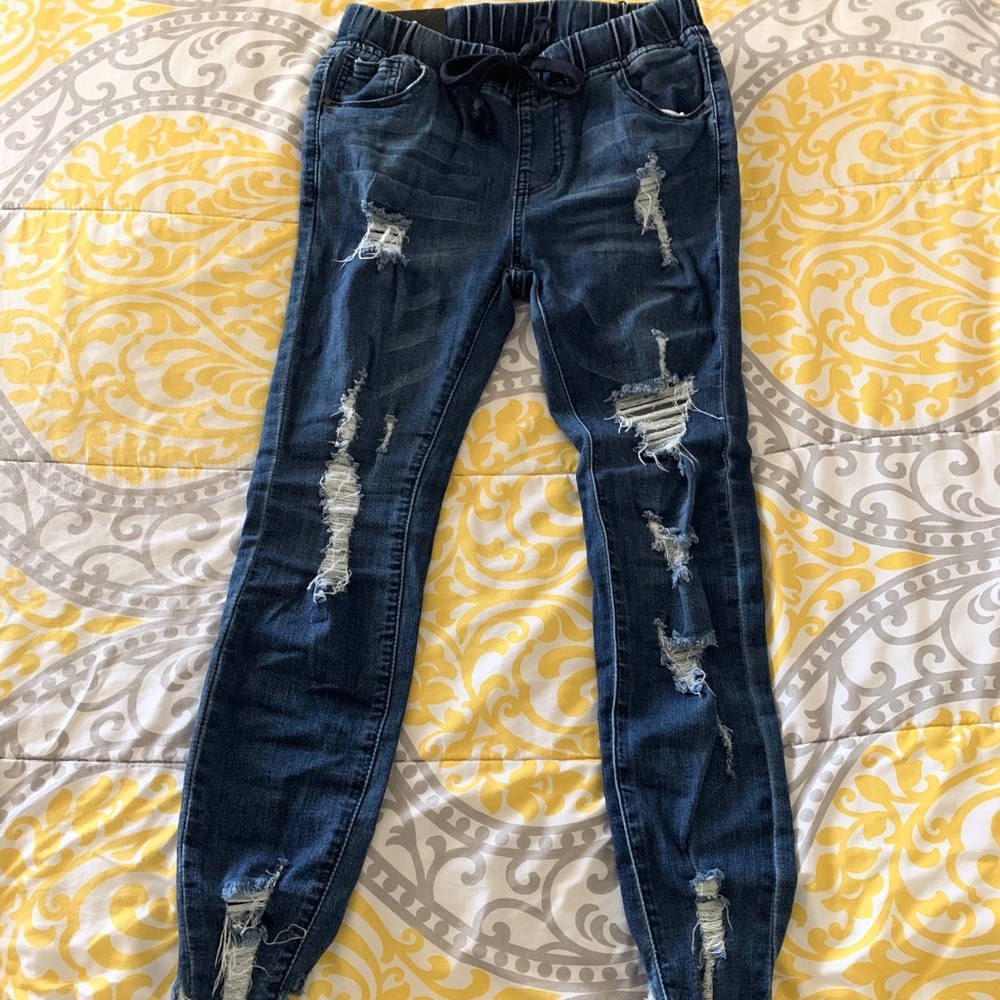 Denim Distressed Drawstring Crop Jeans, Sz 2 - Picture 2 of 8